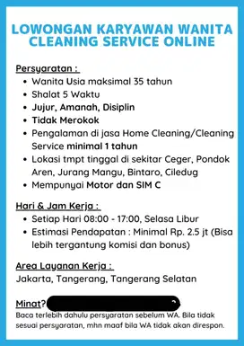 CLEANING SERVIS ONLINE TETAP WANITA MOBILE BUKAN DIKANTOR