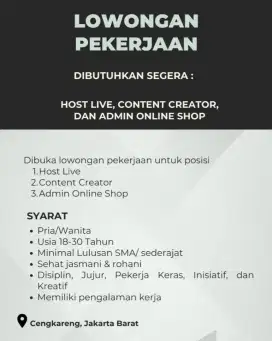Lowongan Admin Online Shop, Content Creator, dan Host Live