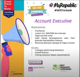 Dibutuhkan sales Door to Door wifi Myrepublic