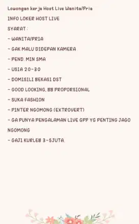 Lowongan Host Live Fashion Wanita/pria