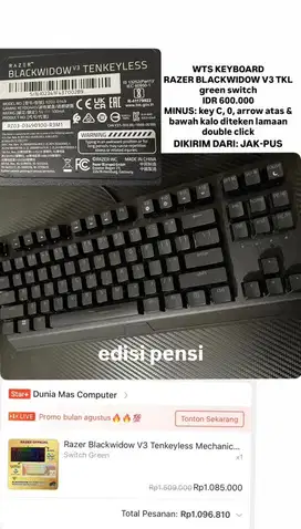 KEYBOARD RAZER BLACKWIDOW V3 TENKEYLESS - Green Switch