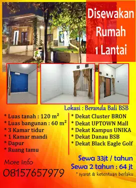 Disewakontrakkan Cepat Rumah 1LT di Beranda Bali Dkt Danau BSB