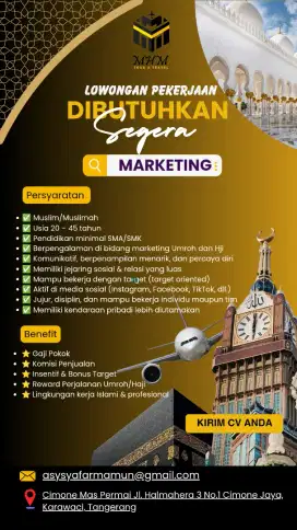 Dibutuhkan Segera Marketing Travel Umroh & Haji (MHM Tour & Travel)