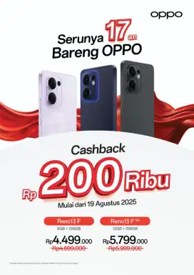PROMO CASHBACK 200 RIBU || HP OPPO RENO 13F SERIES|| CICILAN KTP AJA