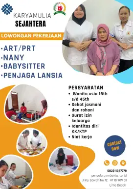 Butuh ART , BABYSITTER, RAWAT LANSIA via Penyalur, Siap Kerja Segera