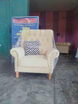 Erafurniture*sofa single SHARINI crem kain baldu motif kancing