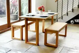 Meja set bangku kayu natural