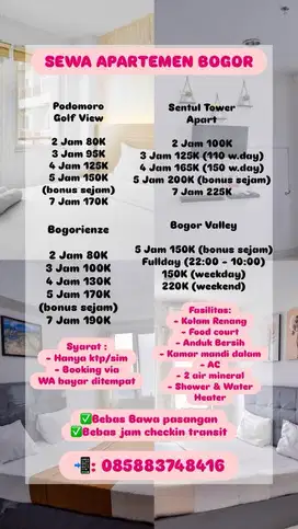 Sewa apartemen TRANSIT, HARIAN, BULANAN