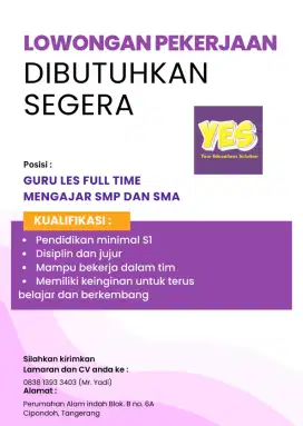 DIBUTUHKAN GURU BIMBEL SMP & SMA