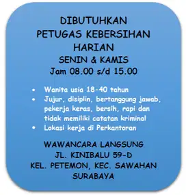 DIBUTUHKAN PETUGAS KEBERSIHAN