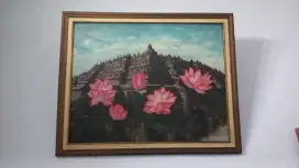 Jual Lukisan Candi Borobudur dan Bunga teratai,