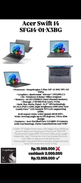 JUAL CREDIT LAPTOP ACER SWIFT 14 SFG14-01-X3BG
