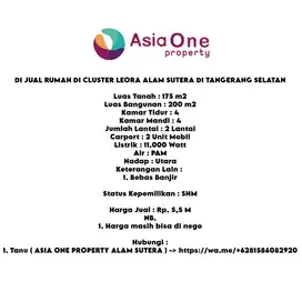 DI JUAL RUMAH DI CLUSTER LEORA ALAM SUTERA DI TANGERANG SELATAN