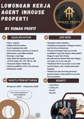 Dibutuhkan segera marketing agent in-house properti