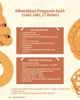 Dibutuhkan Pengasuh Anak  & ART (Laki-laki, 17 Bulan)