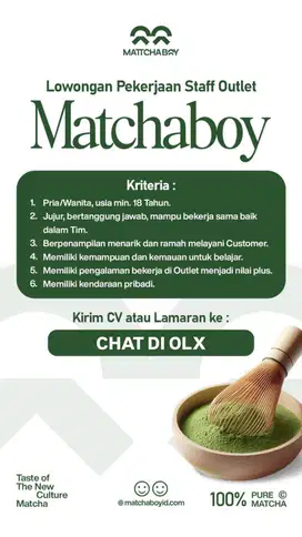 LOWONGAN KARYAWAN JUALAN MATCHABOY DI BANGKA RAYA, MAMPANG