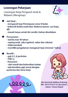 Lowongan Kerja ART Beberes & Momong Anak