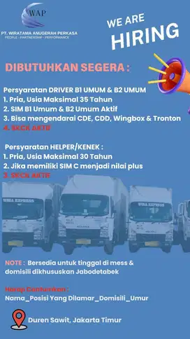 LOWONGAN KERJA DRIVER JABODETABEK