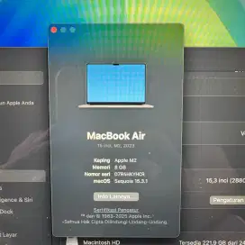 Macbook Air M2 Ram 8 Ssd 256
Layar 15 inch Space Grey buat desain