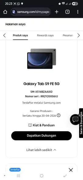 Samsung Tab S9 FE 5G Mulus Garansi Panjang Siap Pakai