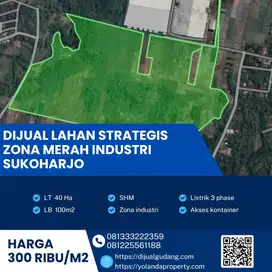 Dijual Tanah Zona Merah Industri Strategis Lokasi Sukoharjo Luas 40 Ha