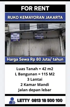Ruko 3 Lantai Kemayoran Jakarta Pusat  Rp 80 Juta/ tahun Nego