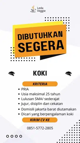LOKER KOKI RESTO PRIA