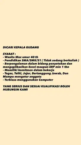 DICARI YANG SESUAI KUALIFIKASI YANG MINAT DAN SERIUS LANGSUNG CHAT