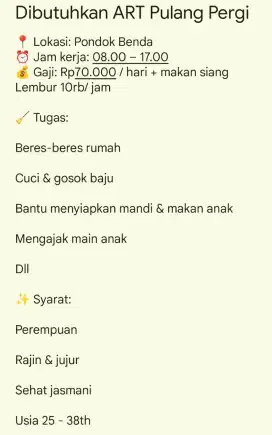 Dibutuhkan art pulang pergi utk beberes dan momong