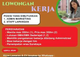 Dibutuhkan Segera.. Staf Admin Kantor Area Surabaya Pusat
