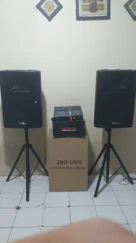 Speker karaoke 15 inchi dan power mixer 8 chanel nego
