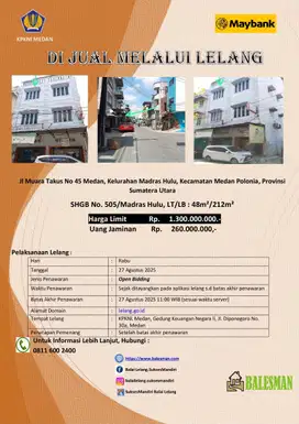 DIJUAL RUMAH MELALUI LELANG WILAYAH MEDAN
