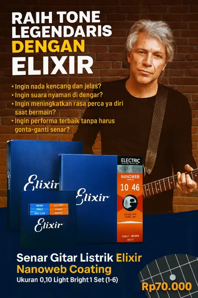 Senar Gitar Elektrik Elixir Nickel Plates Steel Coating Ukuran 10 Set