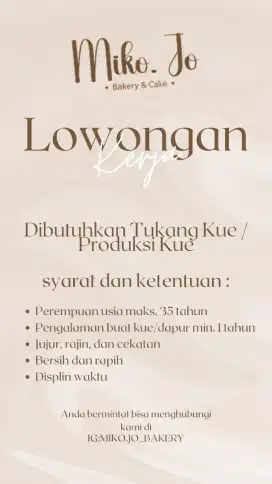 Dibutuhkan Baker / Bikin Kue / Produksi Kue
