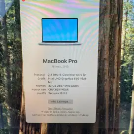Macbook Pro 2019 Ram 32 Ssd 512 layar 16 inch core i9 lengkap grey