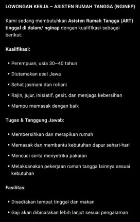 LOWONGAN KERJA – ASISTEN RUMAH TANGGA (NGINEP)