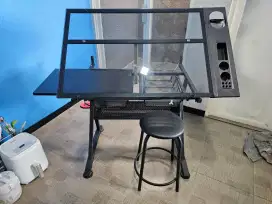 Meja Arsitek dengan Adjustable Tilt, Tempered Glass, Set Meja Kursi