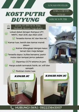 Kost putri dekat kampus UTY, JCM, RSA UGM