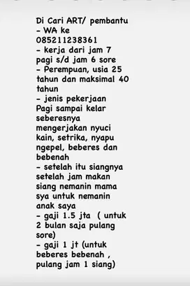 Dicari ART/ Pembantu pulang pergi