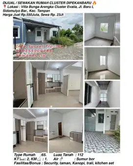 Dijual/sewakan rumah cluster jl.Baru l,sidomulyo bar., Kec.tampan