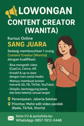 Lowongan konten creator (wanita) atau Admin marketing