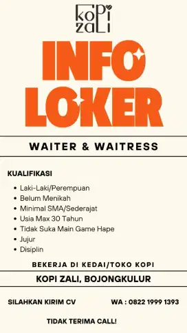 Dibutuhkan Waiter/Waiters di Kopi Zali Vila Nusa Indah