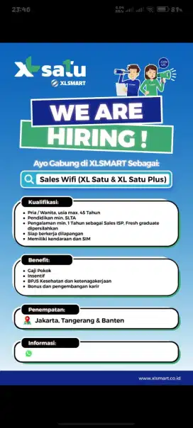 DIBUTUHKAN CEPAT SEGERA SALES EXECUTIVE WIFI XL SATU TANGERANG