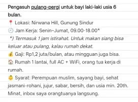 Dibutukan SEGERA Baby Sitter Pengasuh Bayi di Perum Nirwana Hill