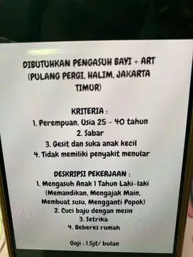 DIBUTUHKAN PENGASUH BAYI + ART (PULANG PERGI, HALIM, JAKARTA TIMUR)