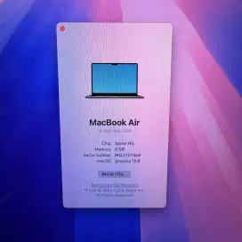 Macbook Air M3 13 Inch Ram 8 Ssd 512 layar 13 inch lengkap full set
