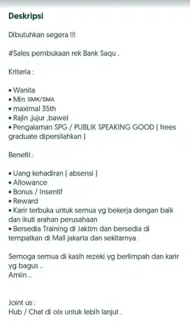 Dicari kandidat spb/spg area Depok dan bogor
