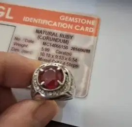 Murah Cincin Ruby warna bagus 5.9 crat bersertifikat asli