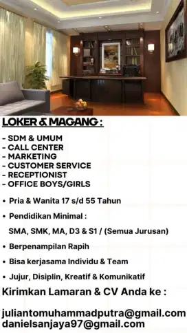 Dibutuhkan segera untuk Karyawan dan Karyawati