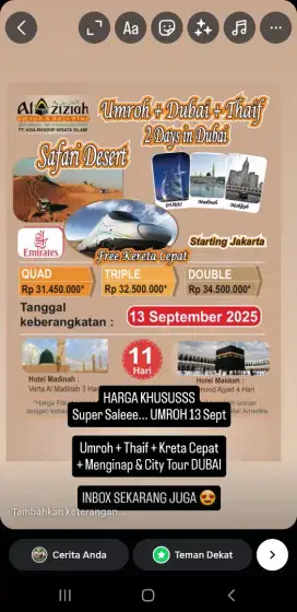 Super Salee... Harga khusus 4 seat.
Umroh Spesial + DUBAI 13 Sept 2025